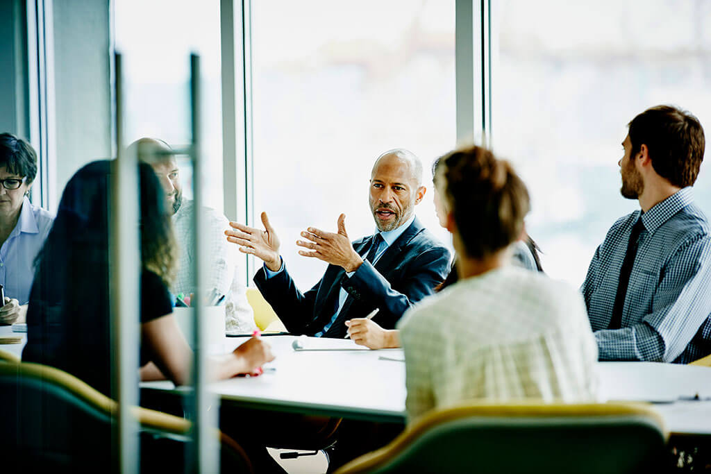 mature businessman leading meeting in office