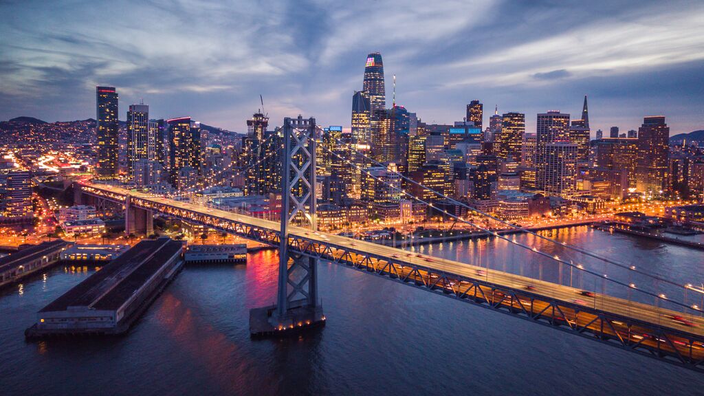 Aerial view of San Francisco and the Bay Bridge at Night
