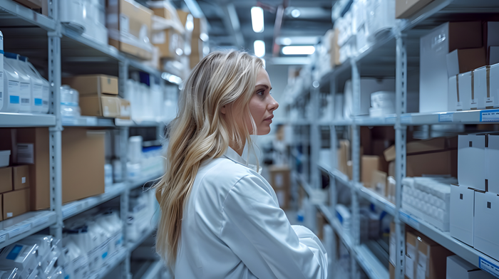 A female pharmaceutical worker overseeing inventory
