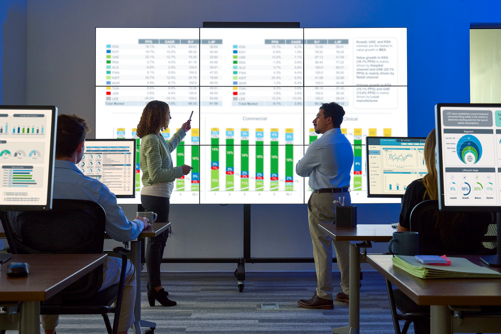 Custom Photo Two people looking at data on blank screens