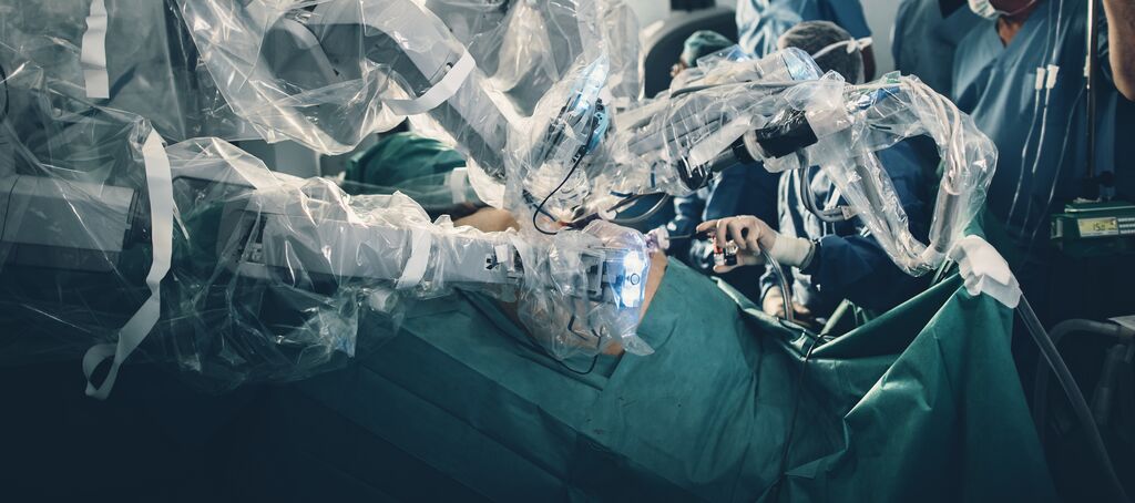 Surgical room in hospital with robotic technology equipment