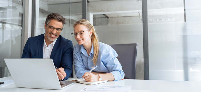 Senior leader showing young employee project on laptop in office
