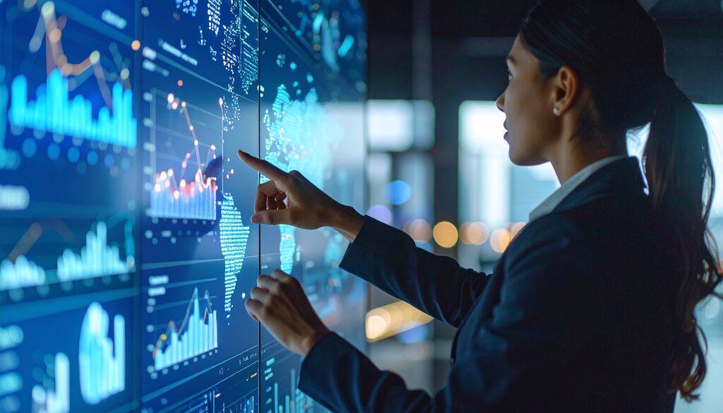 A business analyst deeply engrossed in a hightech data vis
