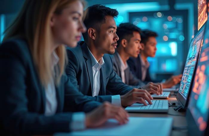 Group of colleagues working on computers