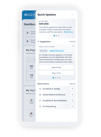 Mobile screenshot showing AI driven insights recommending next best scientific actions for KOLs.