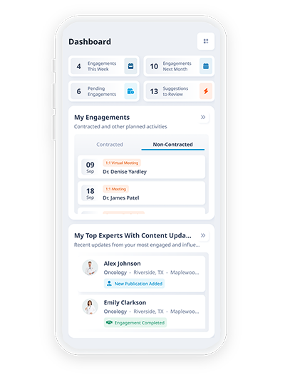 Mobile screenshot of KOL Data Dashboard showing unified expert profiles and contributions.