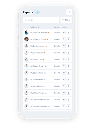 Mobile screenshot showing advanced filters to pinpoint key experts and target top KOLs.